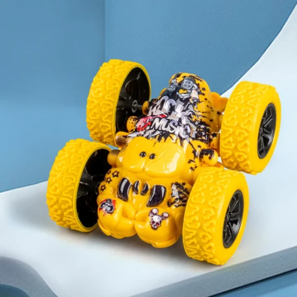 Doppelseitiges Stunt Car in Grün dreht sich 360°, Vorder- & Rückseite mit Bär-Motiv und Reifen – RC Flip-Auto