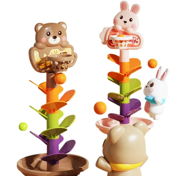 Bärchen Orbital Ball Kletterbaum: Braunem Bären mit Basketball-Korb, bunte Kugeln rollen über Blumenblätter, Hasen-Figuren – Baby Spielzeug