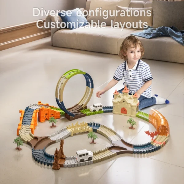 Flexibles Dino Race Track: Autos rasen durch Dinosaurier-Welt mit Palmen, Brücke und Stegosaurus-Deko