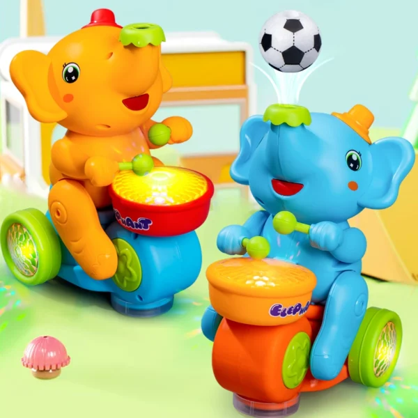 Zwei niedliche Elefanten Trommelspielzeuge in Orange/Gelb und Blau mit rollender Trommelbasis, grünen Schlägeln, schwebenden Fußbällen, bunten Lichtern und Partyhüten, musikalisches Spielzeug für Kleinkinder