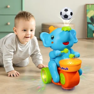 Blue elephant toddler toy drumming on orange drum with green mallets, rolling on wheels, launching soccer ball with air blow, colorful lights, perfect musical and interactive play for babies