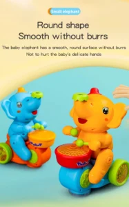 Süßes kleines Baby-Elefanten Spielzeug in Orange & Blau, runde glatte Form ohne Grate, sicher für kleine Hände, trommelt mit grünen Schlägeln auf buntem Drum