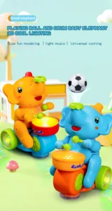 Süßes orange-blaues Baby-Elefanten Spielzeug trommelt auf leuchtenden LED-Drums und spielt Fußball, interaktives musikalisches Lernspielzeug für Kleinkinder
