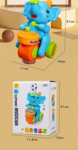 Süßes blaues Elefanten-Spielzeug aus ABS mit orangefarbener Mütze und grünen Haaren, sitzt auf orangefarbener Trommel mit Rädern, hält zwei grüne Trommelstöcke, fröhlich lächelnd, 21 cm hoch, 15 cm breit, 11 cm tief, neben farbenfroher Verpackung „Elephant Musician“ für Kinder ab 3 Jahren