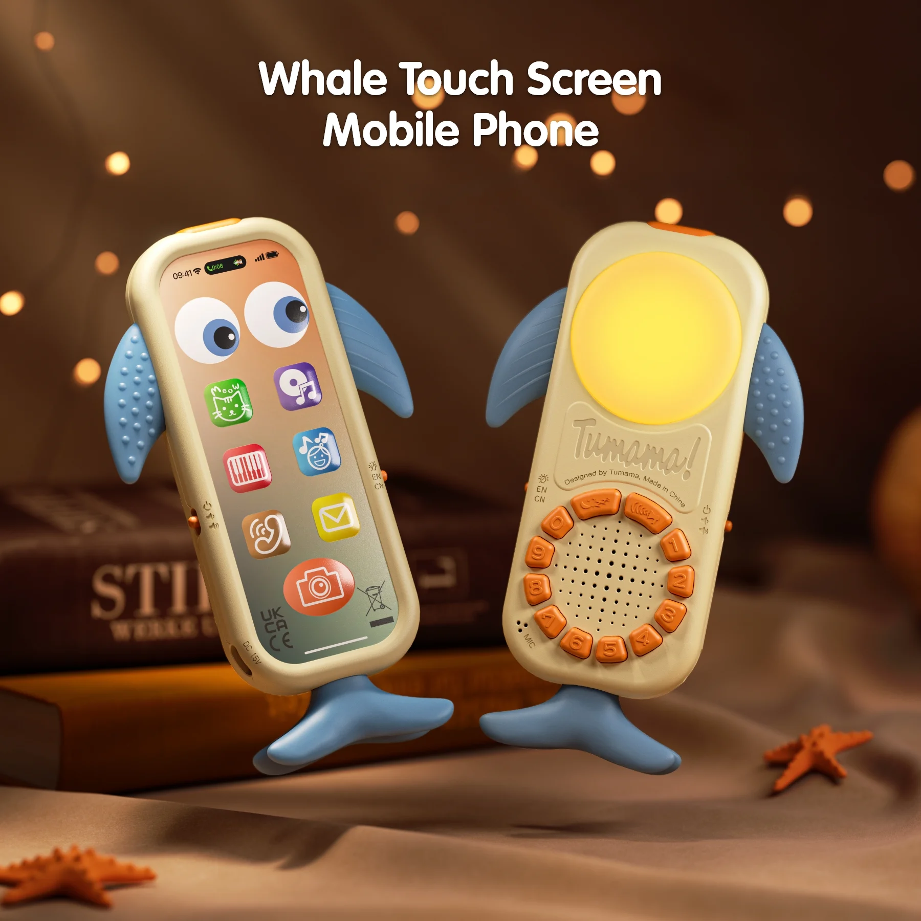 Tumama Wal Baby Handy: Beige Wal-Form mit Touchscreen-Seite (Apps & Augen) und Tasten-Seite (Zahlen & Licht) – Babyspielzeug