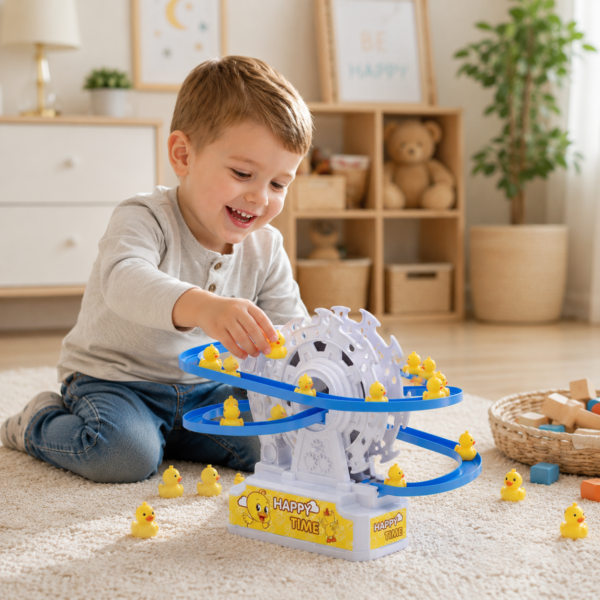 Enten Achterbahn Kugelbahn – Elektrische Looping Spiralbahn mit Zahnrad & Musik für Kinder ab 3 Jahren